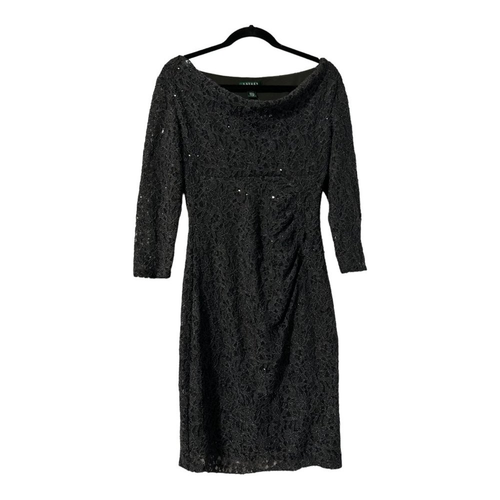 Ralph Lauren Size 8 Long Sleeve Sequin Lace Ruffle Cocktail Dress